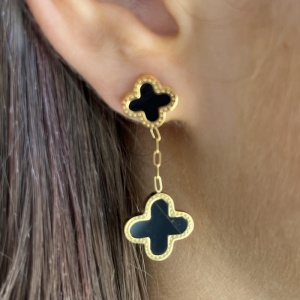 Stainless Steel Clover Drop Earrings - Black